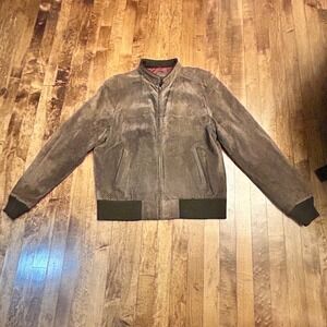 Peter England Men's L Suede Bomber‎ Jacket Full Zip Ribbed Collar Cuffs Brown